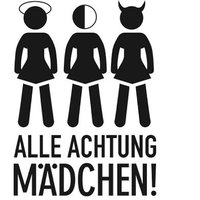 Logo des Arbeitskreis Mädchen*arbeit in Oldenburg mit drei stilisierten Mädchen jeweils mit Heiligenschein, schwarzweißem Gesicht und Teufelshörnern. Darunter der Schriftzug: „Alle Achtung Mädchen!“. Grafik: Thomas Robbers