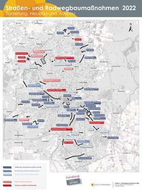 Übersichtsplan über geplante Straßen- und Radwegbaumaßnahmen im Jahr 2022. Quelle: Stadt Oldenburg