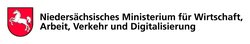 Logo des Niedersäsischen Ministeriums für Wirtschaft, Arbeit, Verkehr und Digitalisierung (MW). Links das niedersächsische Wappen, weißes Pferd vor rotem Grund, rechts der Schriftzug. Quelle: Niedersächsisches MW