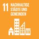 Ziel 11: Nachhaltige Städte und Gemeinden. Quelle: Engagement Global Icon zu Ziel 11: vier Gebäude nebeneinander. Quelle: Engagement Global