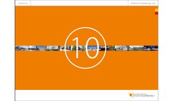Titelseite der Imagebroschüre „10 gute Gründe“ der Wirtschaftsförderung. Oranger Einband mit Querstreifen der zehn Kapitelfotos und einer großen zehn mittig. Quelle: Lönne Werbekontor/Lukas Lehmann