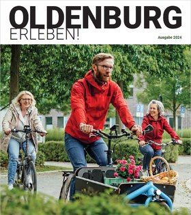 Titelbild des Magazins „Oldenburg erleben!“ mit Radfahrenden. Foto: Mittwollen und Gradetchliev