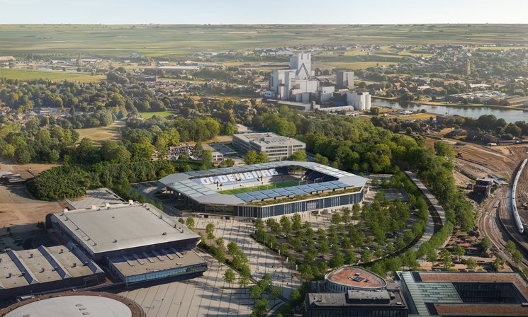 So soll das neue Stadion an der Maastrichter Straße aus der Vogelperspektive aussehen. Quelle: Stadion Oldenburg GmbH & Co. KG
