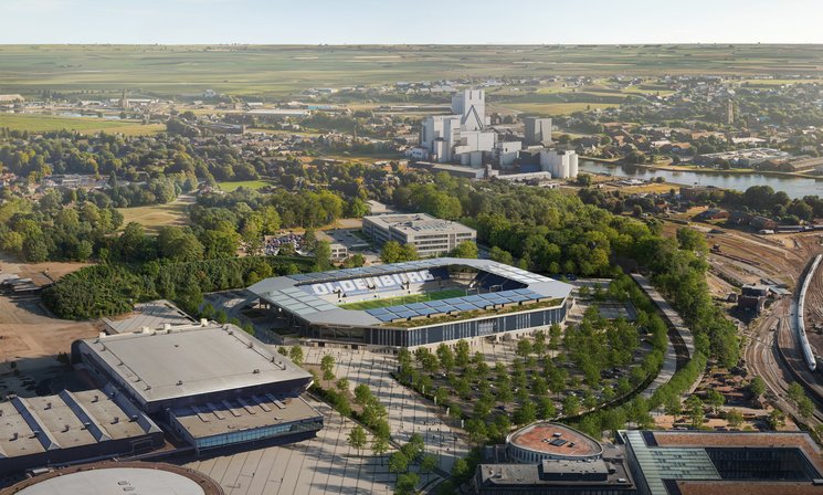 So soll das neue Stadion an der Maastrichter Straße aus der Vogelperspektive aussehen. Quelle: Stadion Oldenburg GmbH & Co. KG