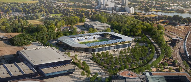 So soll das neue Stadion an der Maastrichter Straße aus der Vogelperspektive aussehen. Quelle: Stadion Oldenburg GmbH & Co. KG