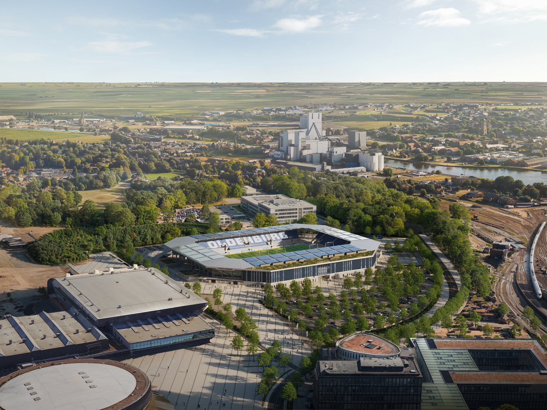 So soll das neue Stadion an der Maastrichter Straße aus der Vogelperspektive aussehen. Quelle: Stadion Oldenburg GmbH & Co. KG