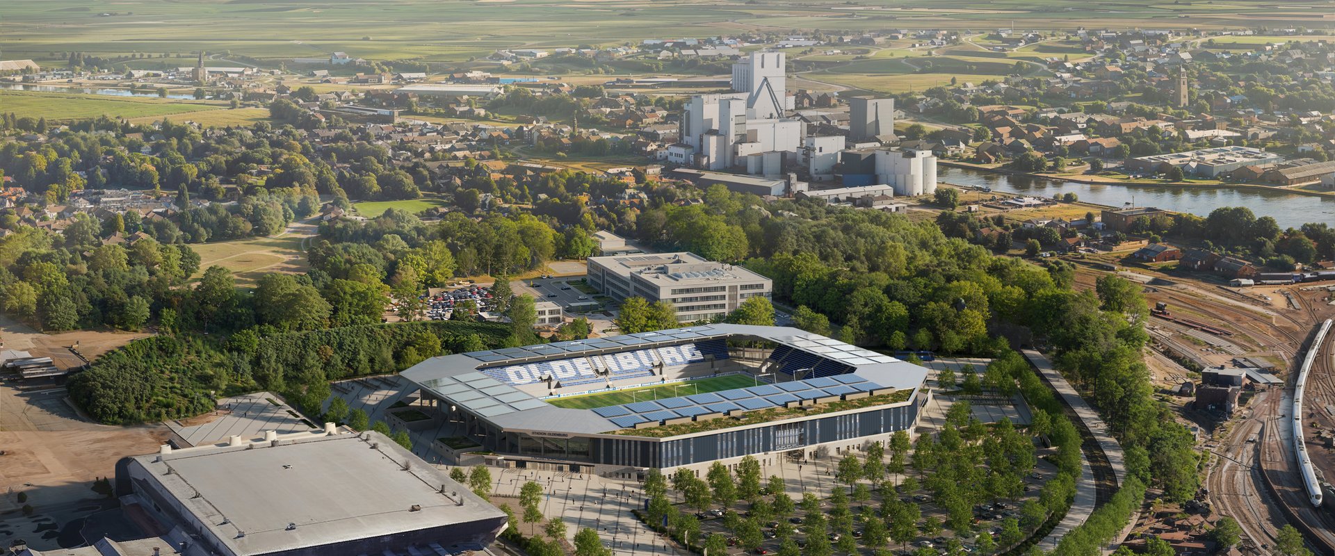 So soll das neue Stadion an der Maastrichter Straße aus der Vogelperspektive aussehen. Quelle: Stadion Oldenburg GmbH & Co. KG