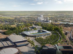 So soll das neue Stadion an der Maastrichter Straße aus der Vogelperspektive aussehen. Quelle: Stadion Oldenburg GmbH & Co. KG