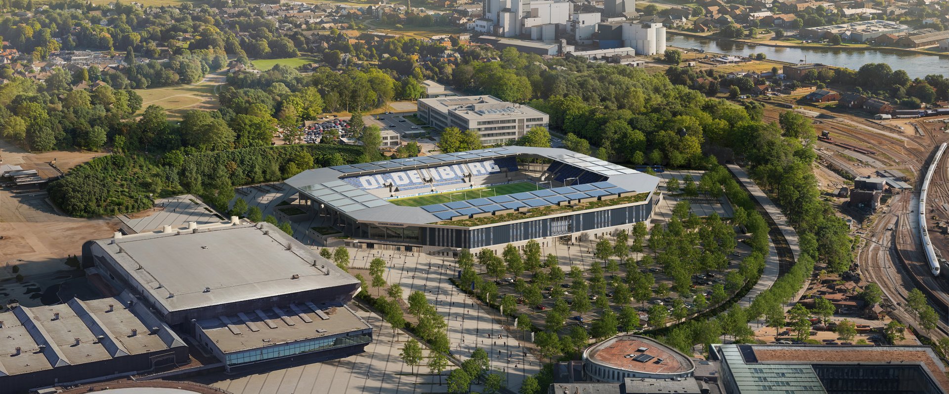 So soll das neue Stadion an der Maastrichter Straße aus der Vogelperspektive aussehen. Quelle: Stadion Oldenburg GmbH & Co. KG