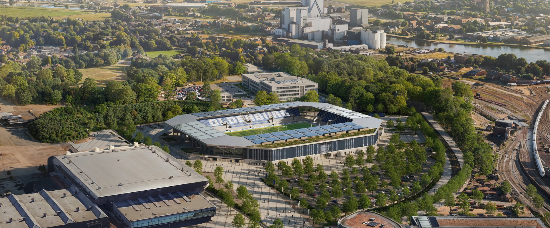 So soll das neue Stadion an der Maastrichter Straße aus der Vogelperspektive aussehen. Quelle: Stadion Oldenburg GmbH & Co. KG