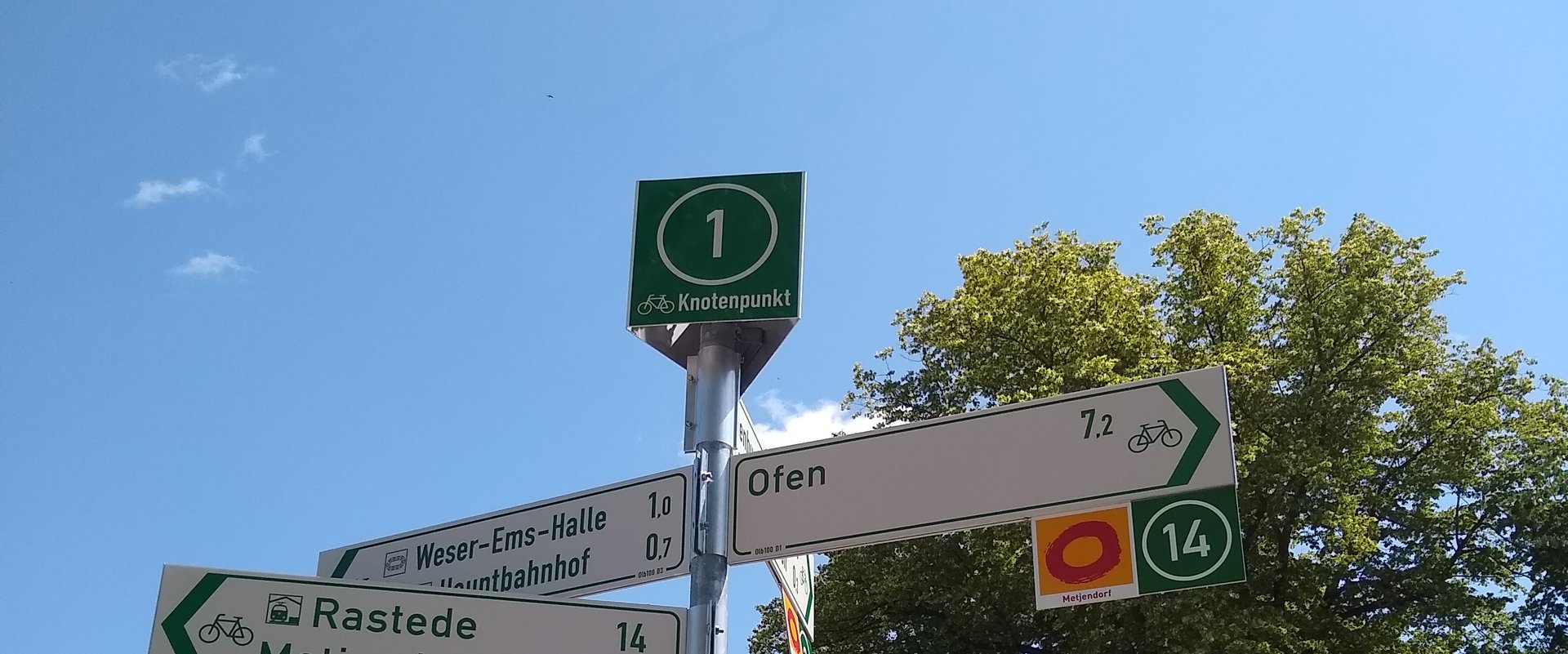 Knotenpunktsystem der Stadt Oldenburg, Darstellung Knotenpunkt mit der Nummer 1 und Armwegweisern und Einschubtafeln1