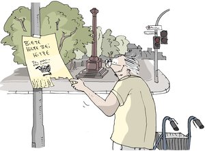 Älterer Mann vor einem Zettel mit der Aufschrift „Biete Hilfe bei Hitze“. Illustration: Hannes Mercker