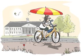 Fahrradfahrerin mit Sonnenschirm und Trinkflasche vor dem PFL. Illustration: Hannes Mercker