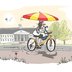 Vorschau: Fahrradfahrerin mit Sonnenschirm und Trinkflasche vor dem PFL. Illustration: Hannes Mercker