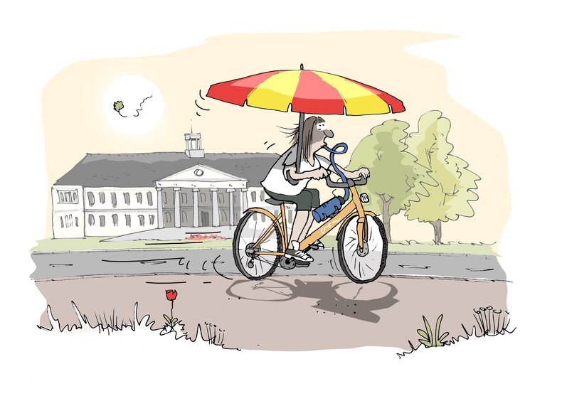 Fahrradfahrerin mit Sonnenschirm und Trinkflasche vor dem PFL. Illustration: Hannes Mercker