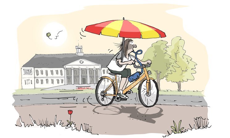 Fahrradfahrerin mit Sonnenschirm und Trinkflasche vor dem PFL. Illustration: Hannes Mercker