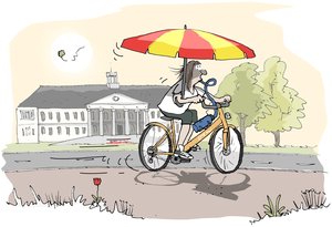 Fahrradfahrerin mit Sonnenschirm und Trinkflasche vor dem PFL. Illustration: Hannes Mercker