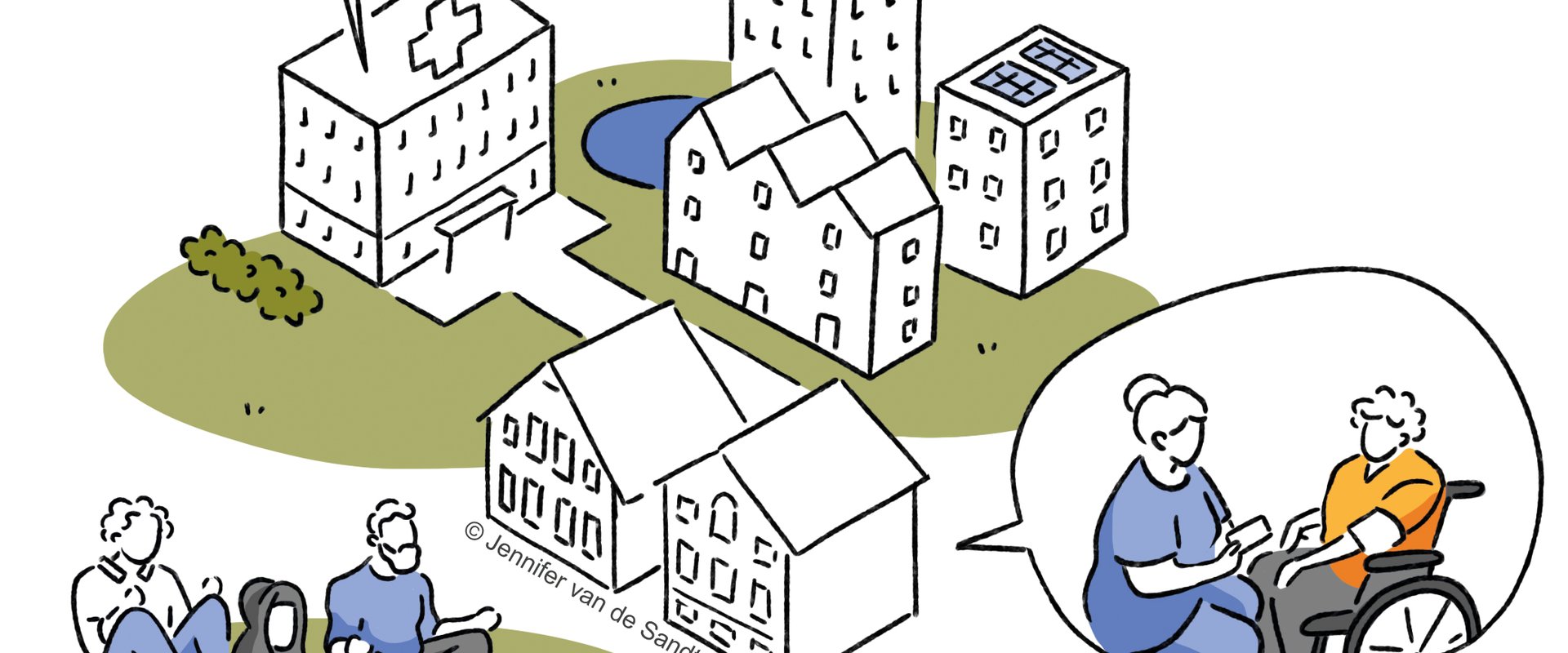 Illustration zum Thema Gesundheit und Pflege mit unterschiedlichen Bildelementen. Illustration: Jennifer van de Sandt 