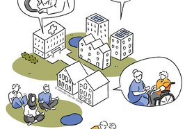 Illustration zum Thema Gesundheit und Pflege mit unterschiedlichen Bildelementen. Illustration: Jennifer van de Sandt 