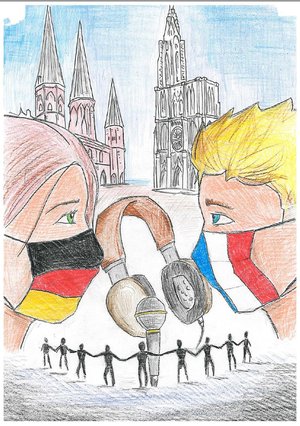 Zeichnung mit deutschem Mädchen und französischem Jungen, charakteristischen Gebäuden, Mikrofon und Kopfhörern. Bild: Felix Klostermann Zeichnung mit deutschem Mädchen und französischem Jungen, charakteristischen Gebäuden, Mikrofon und Kopfhörern. Bild: Felix Klostermann