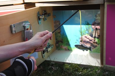 Hände angeln mit einer Magnetangel in einer Box mit Aquariumfoto. Foto: Stadt Oldenburg