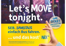 Plakatwerbung für SEB. Junger Mann im Discooutfit in einem Bus. Quelle: VWG