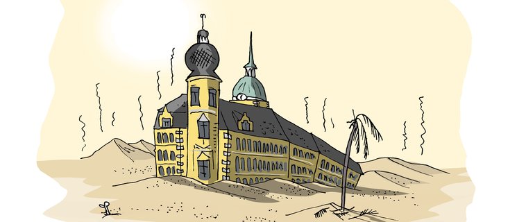 Das Oldenburger Schloss im Wüstensand. Illustration: Hannes Mercker