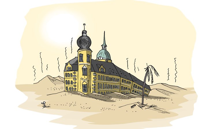 Das Oldenburger Schloss im Wüstensand. Illustration: Hannes Mercker