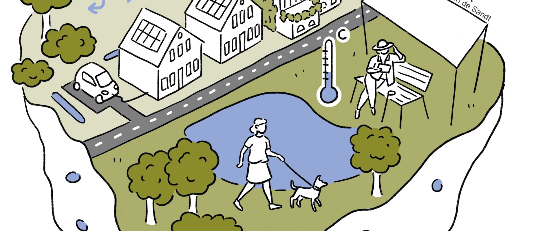 Illustration zum Thema Klimaresilienz mit unterschiedlichen Bildelementen. Illustration: Jennifer van de Sandt 