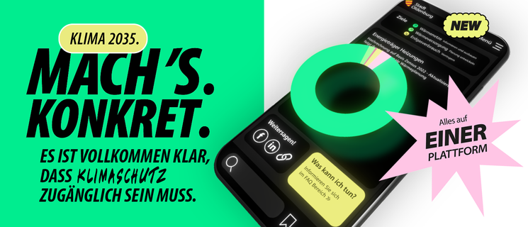 Claim „Klima2035.Mach´s.Konkret." mit Grafik Handy und Klimaportal; Quelle: Coool Agency GmbH