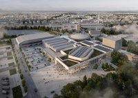 So fügen sich die Neubauten der Kongresshalle und der Festsäle in das Gesamtbild der Weser-Ems-Hallen ein. Visualisierung: moka-studio/gmp Architekten 