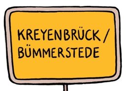 Zeichnung eines gelben Ortsschilds mit der Aufschrift „Kreyenbrück/Bümmerstede“. Grafik: Anja Weiss