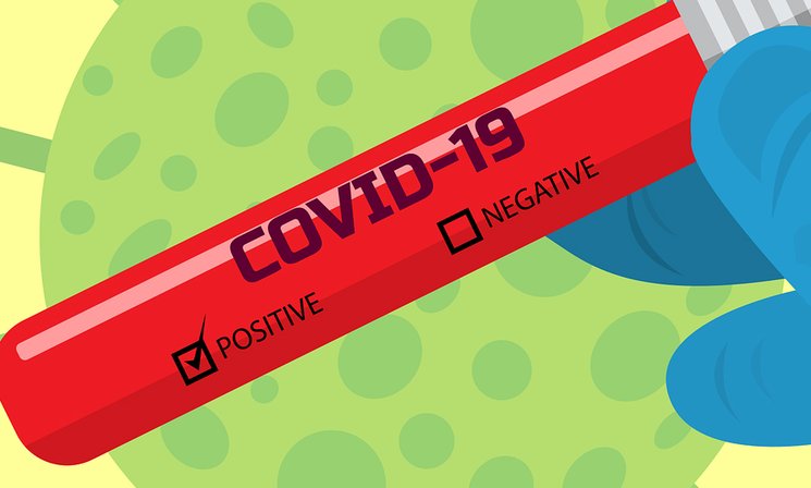 Grafik eines roten Röhrchens mit der Aufschrift „Covid-19 positiv“. Grafik: Shafin_Protic/Pixabay