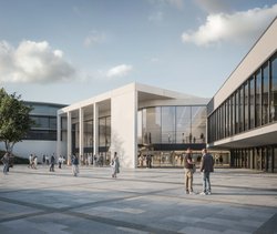 So soll der neu gestaltete Eingangsbereich bei den EWE-Arenen aussehen, der künftig direkten Einlass zu allen Gebäudeteilen ermöglicht. Visualisierung: moka-studio/gmp Architekten