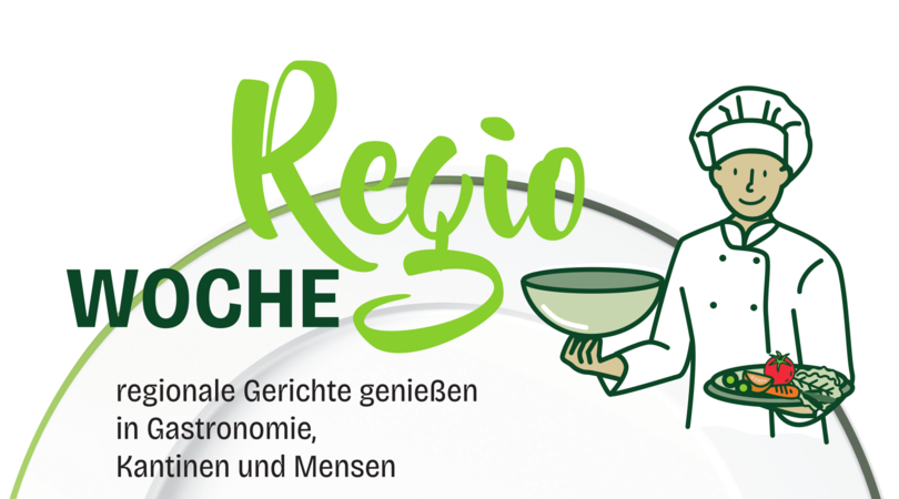 Das Bild zeigt das Plakat zur Regiowoche. Es enthält ein Logo und einen gezeichneten Koch, der ein leckeres Gericht präsentiert. Grafik: Mensch und Umwelt – Büro für Gestaltung