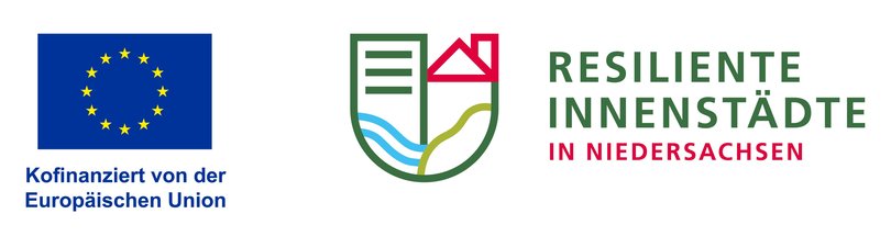 Logo des Förderprogramms Resiliente Innenstädte in Niedersachsen, operationelles Multifondsprogramm EFRE/ESF+, kofinanziert durch die EU. Quelle: EU