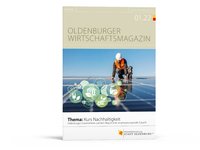 Titelseite des „Oldenburger Wirtschaftsmagazins 1.22“: Die Abbildung zeigt einen Facharbeiter bei der Montage von Solarzellen. Außerdem wurden verschiedene Nachhaltigkeitsicons eingefügt. Foto: dusanpetkovic1 und/ j-mel/Stock.Adobe.com