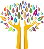 Zeichnung: Zwei ausgestreckte Hände bilden einen Baumstamm, die Finger werden zu Ästen, bunte Blätter formen eine Baumkrone. Grafik: GDJ/pixabay