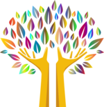 Zeichnung: Zwei ausgestreckte Hände bilden einen Baumstamm, die Finger werden zu Ästen, bunte Blätter formen eine Baumkrone. Grafik: GDJ/pixabay