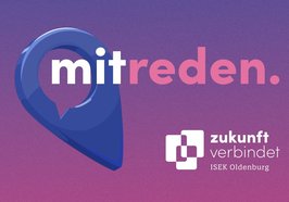 Banner mit Ortsmarke und Schriftzug „mitreden“. Grafik: Stadt Oldenburg