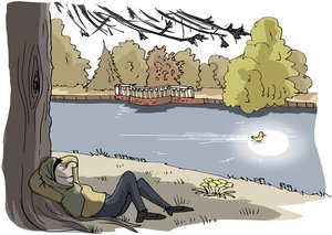 Person liegt im Schlossgarten im Schatten eines Baumes. Illustration: Hannes Mercker