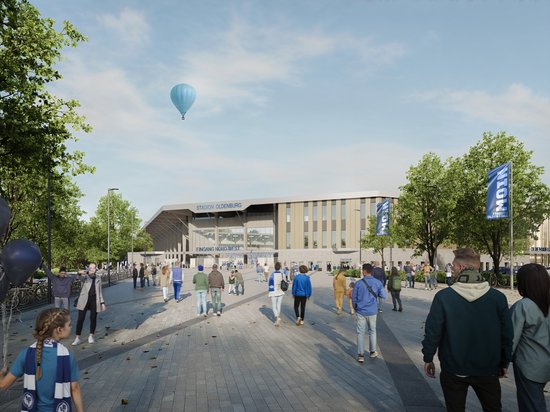 Auf einem breiten Boulevard an der EWE-Arena vorbei zum neuen Stadion: So sieht es der Entwurf vor. Die Gesellschafterversammlung hat der Umsetzung zugestimmt. Visualisierung: Stadion Oldenburg GmbH & Co. KG Visualisierung: Stadion Oldenburg GmbH & Co. KG