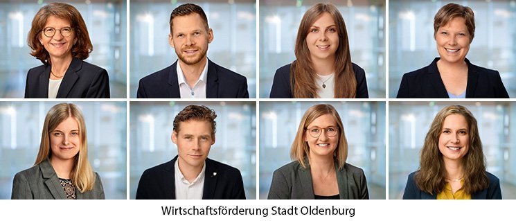 Die Mitarbeiterinnen und Mitarbeiter des Fachdienstes Standortmarketing bei der Wirtschaftsförderung Stadt Oldenburg. Fotos: Foto- und Bilderwerk/Collage: Stadt Oldenburg