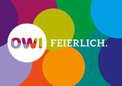 Grafik mit bunten Kreisen, dem OWI-Logo und dem Begriff „feierlich" dahinter. Grafik: Stadt Oldenburg