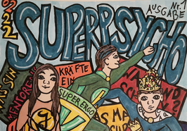 Zeichnung von den „Superpsychos“, verschiedene Superhelden aus der Superpsychowelt. Quelle: Elisabeth Korbmacher