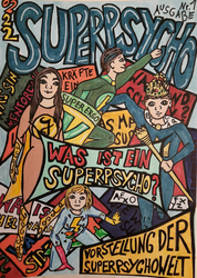 Zeichnung von den „Superpsychos“, verschiedene Superhelden aus der Superpsychowelt. Quelle: Elisabeth Korbmacher