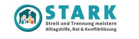 Logo des Projekts „STARK“ mit einem stilisierten Haus, durch das ein Riss geht und schlichten Figuren davor, die eine Familie darstellen. Grafik: Deutsches Jugendinstitut e.V.