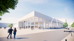 Auch in moderner Optik bleibt beim Neubau der Kongresshalle der charakteristische Rundbogen als Erkennungsmerkmal erhalten. Visualisierung: gmp Architekten