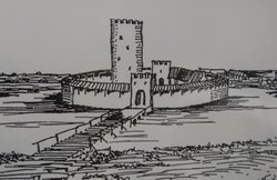 „Die Oldenburg“ in der 2. Hälfte des 12. Jahrhunderts, zeichnerische Rekonstruktion von Wilhelm Gilly, 1971. Quelle: Stadtmuseum. „Die Oldenburg“ in der 2. Hälfte des 12. Jahrhunderts, zeichnerische Rekonstruktion von Wilhelm Gilly, 1971. Quelle: Stadtmuseum.