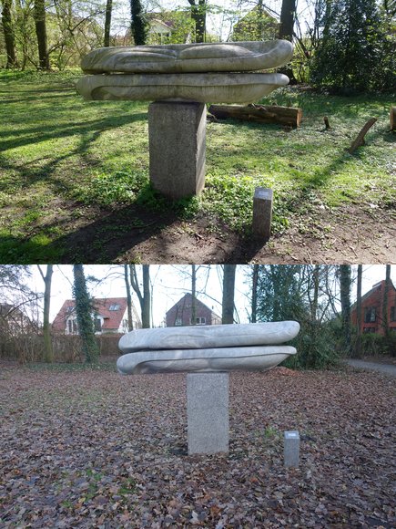 „Kinetische Skulptur“, Isidro Gutiérrez Alfaro, 1979. Vor der Reinigung oben, nach der Reinigung unten. Foto: Stadt Oldenburg